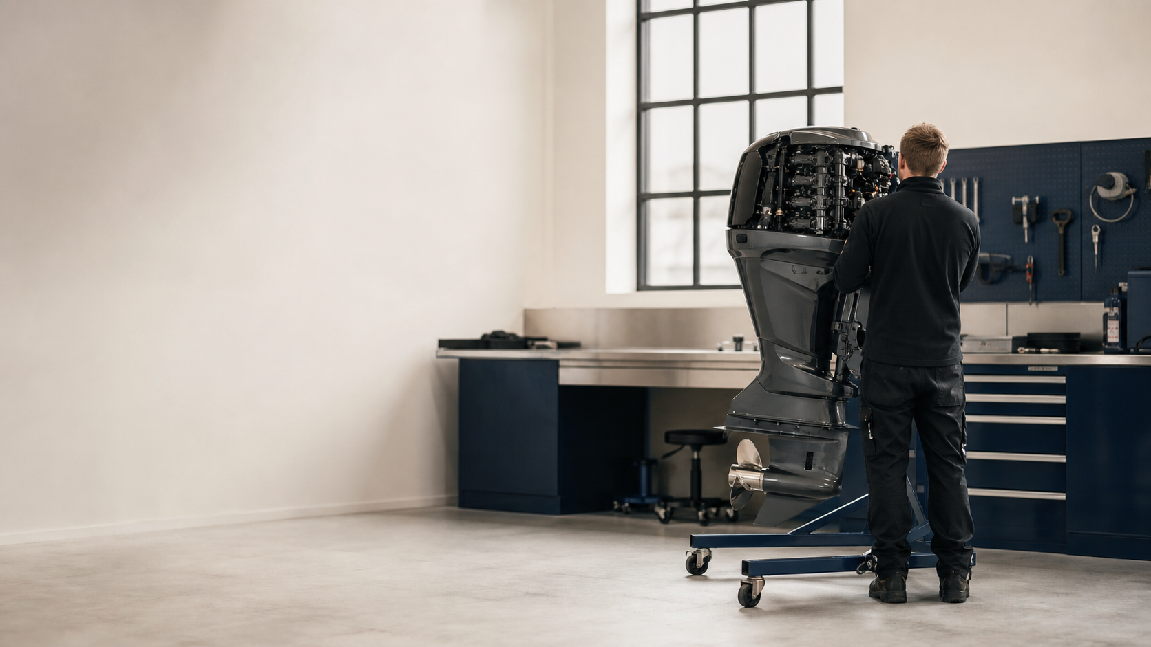 Tekniker som arbetar med en utombordsmotor i verkstaden